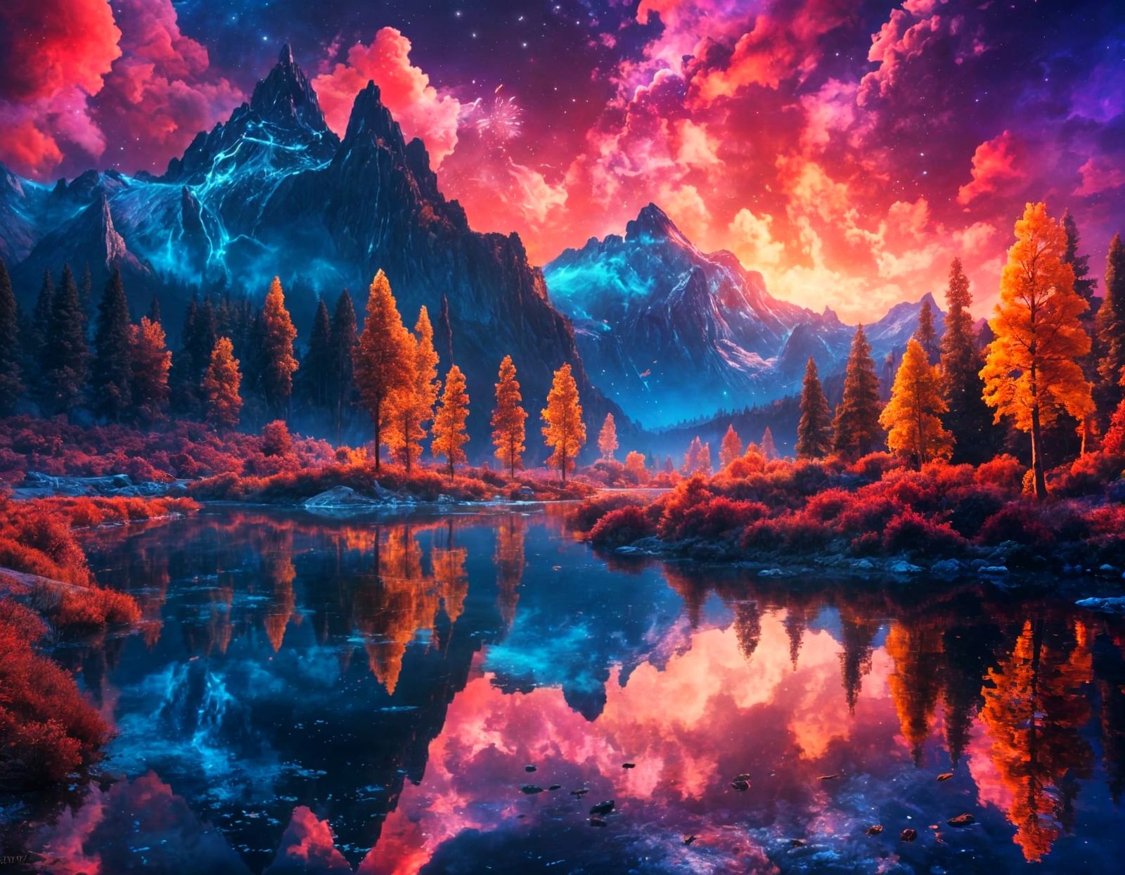 Spectacular Fireworks Display Over City River at Night