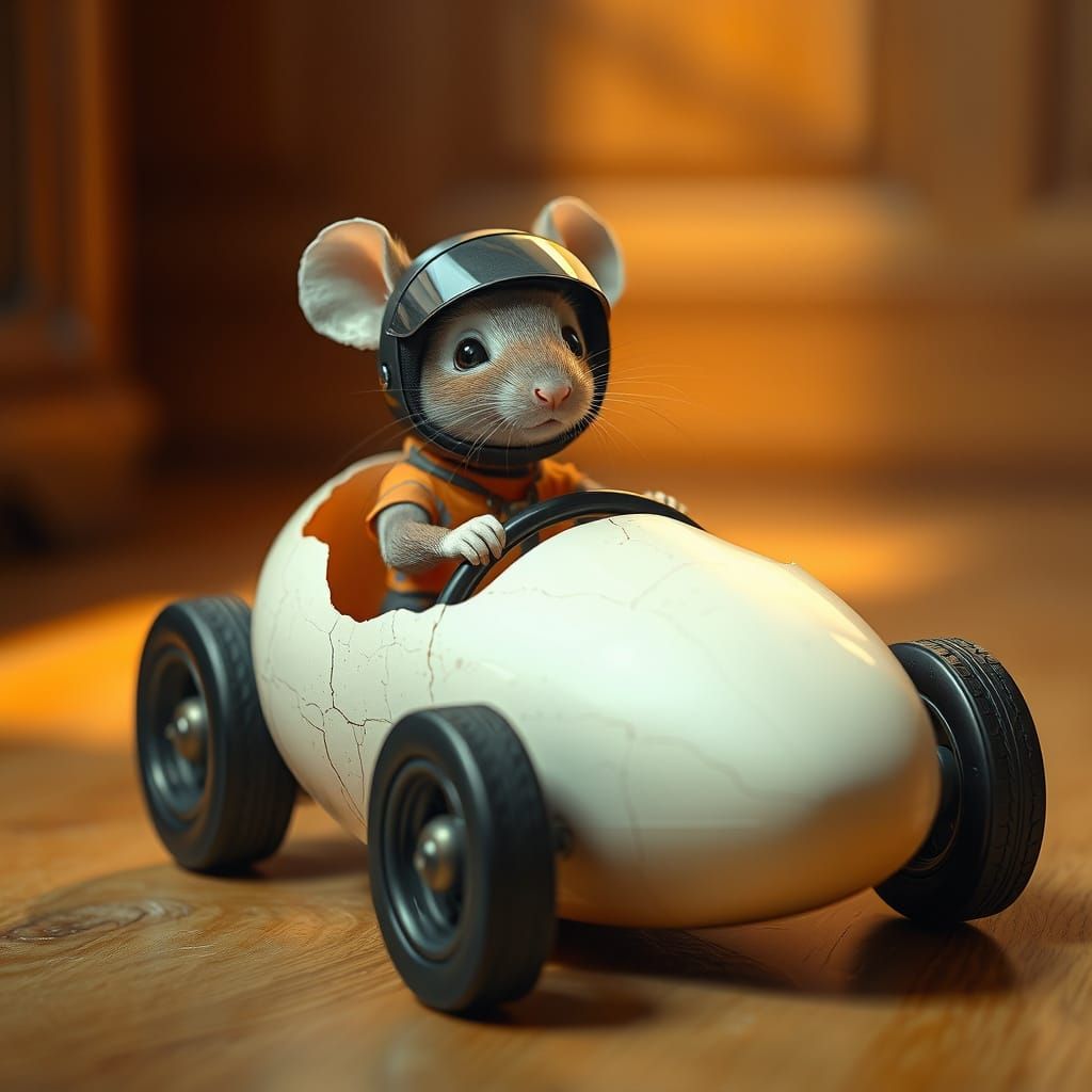 Hyperrealistic Mouse in Eggshell Racing Car