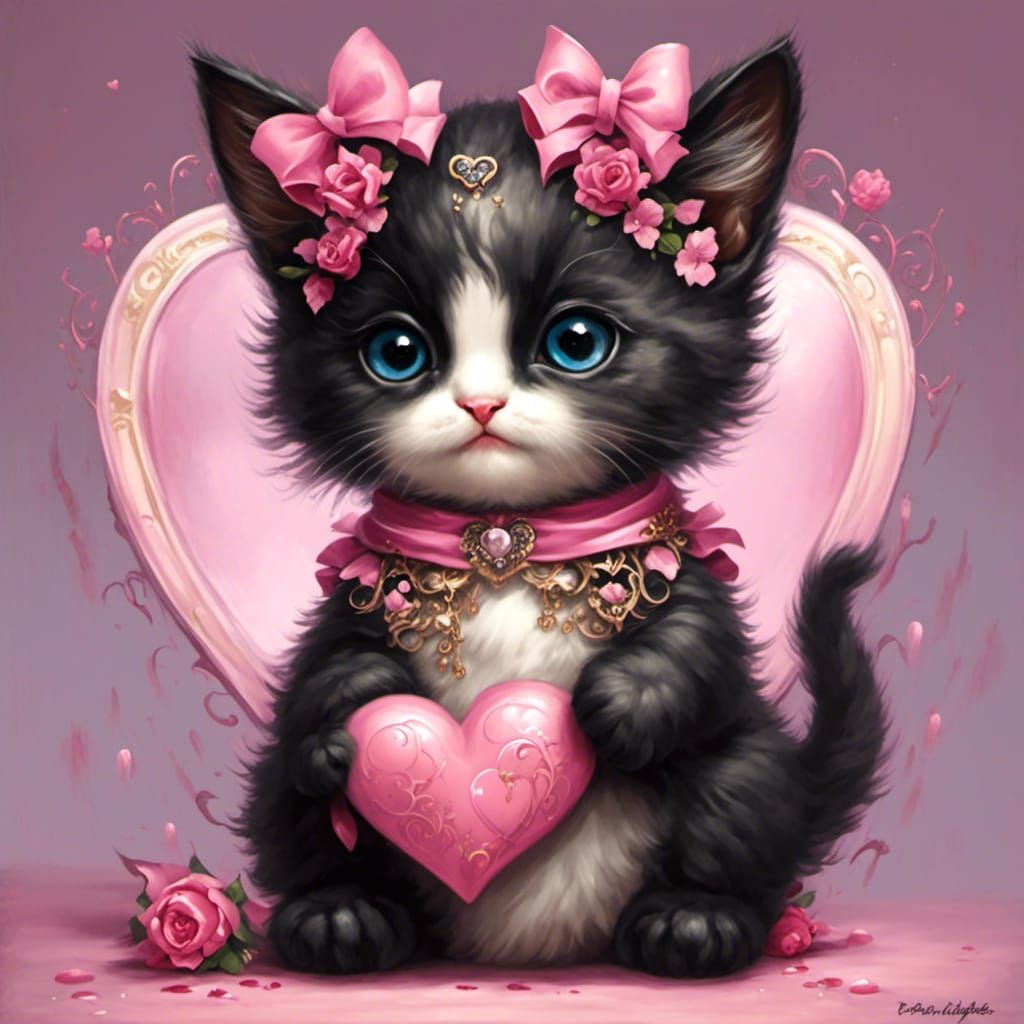 Cutest Kitten with Pink Bow Holding Heart