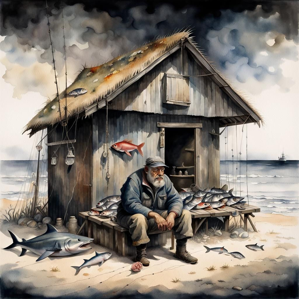 Danish Fisherman in Shack: Watercolor Masterpiece