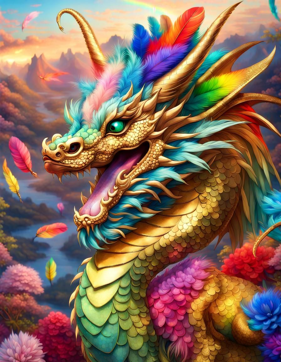 Iridescent Imperial Dragon with Confetti and Flowers
