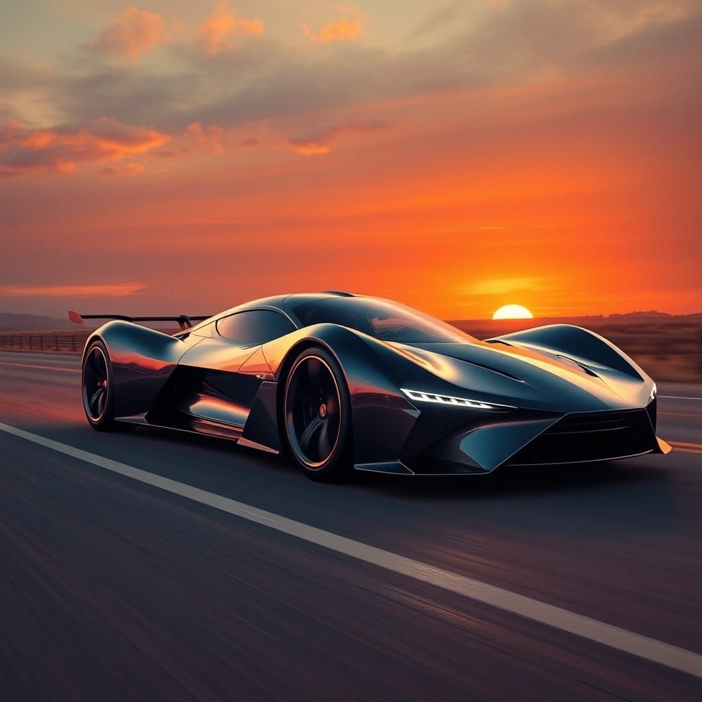 Futuristic Supercar on Highway at Sunset