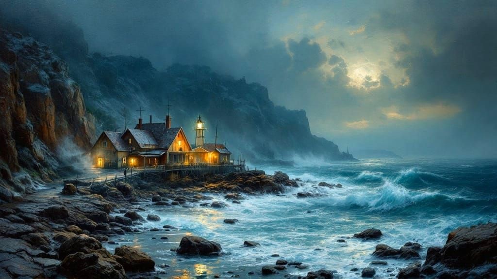 Fishing Village at Night as Oil Painting