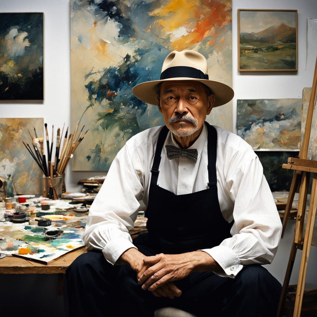 Oil Painter in Cozy Studio with Classic Elegance