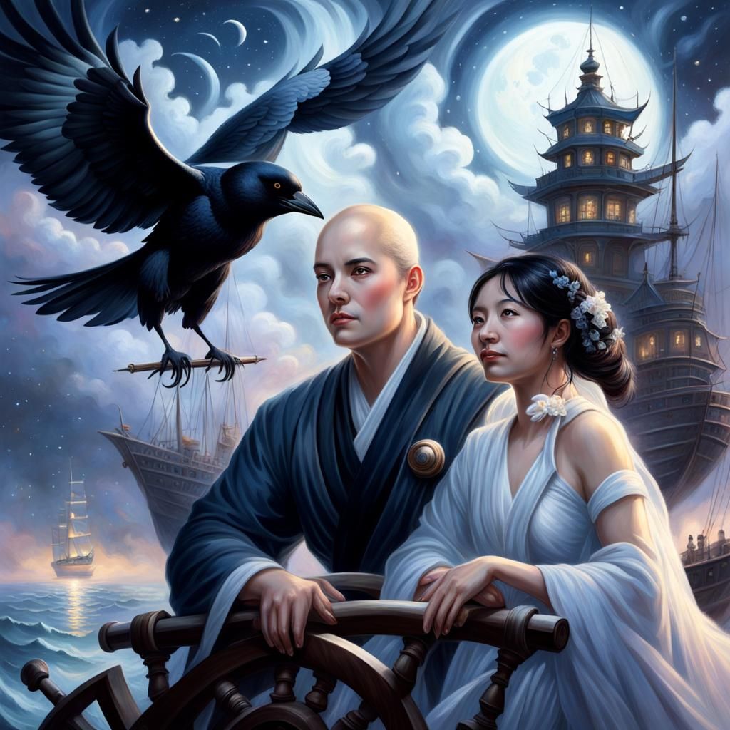 Fantasy Battle at Sea Under Moonlight