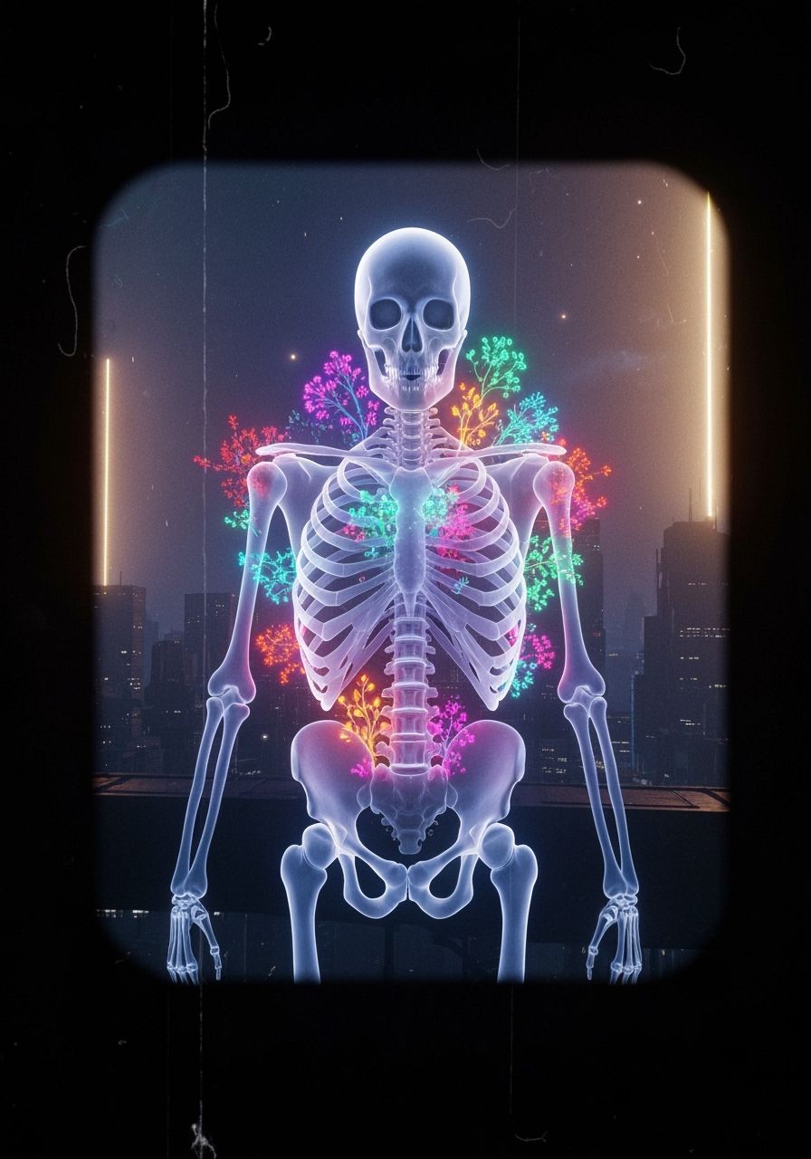 Neon Flora in X-Ray Skeleton, Ethereal Bioluminescence