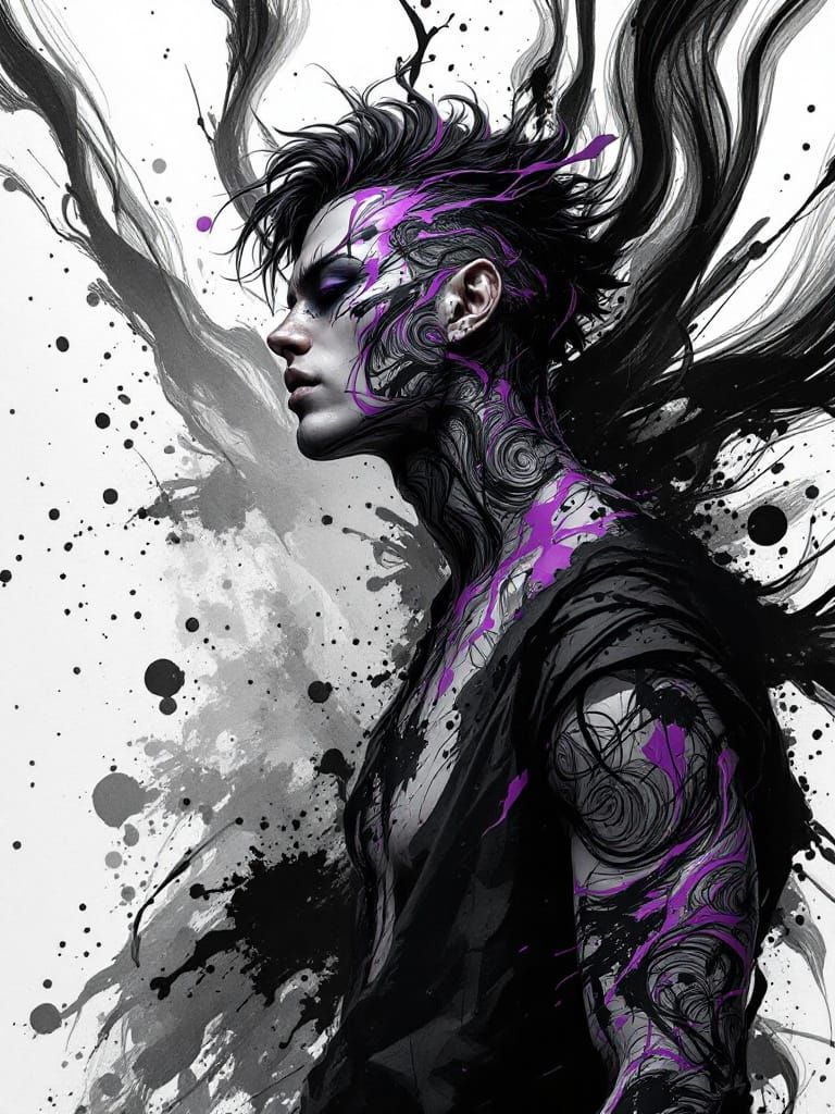 Dynamic InkPunk Character in Surreal Ink Painting