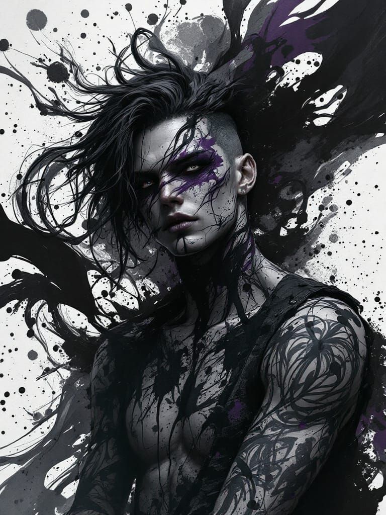 Dynamic Inkpunk Character in Surreal Ink Painting