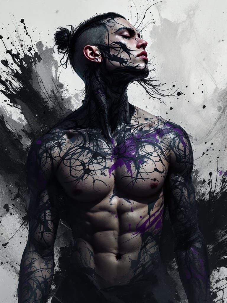 Dynamic InkPunk Character in Surreal Ink Painting