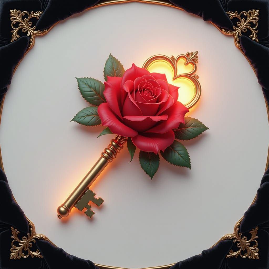 Glowing Key Surrounded by Red Rose in 3D