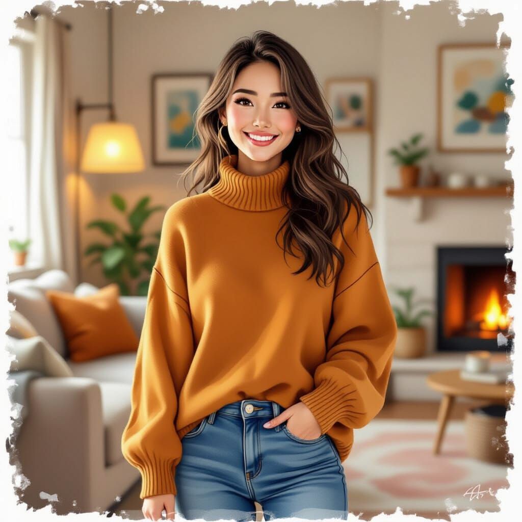Smiling Young Wife in Cozy Living Room