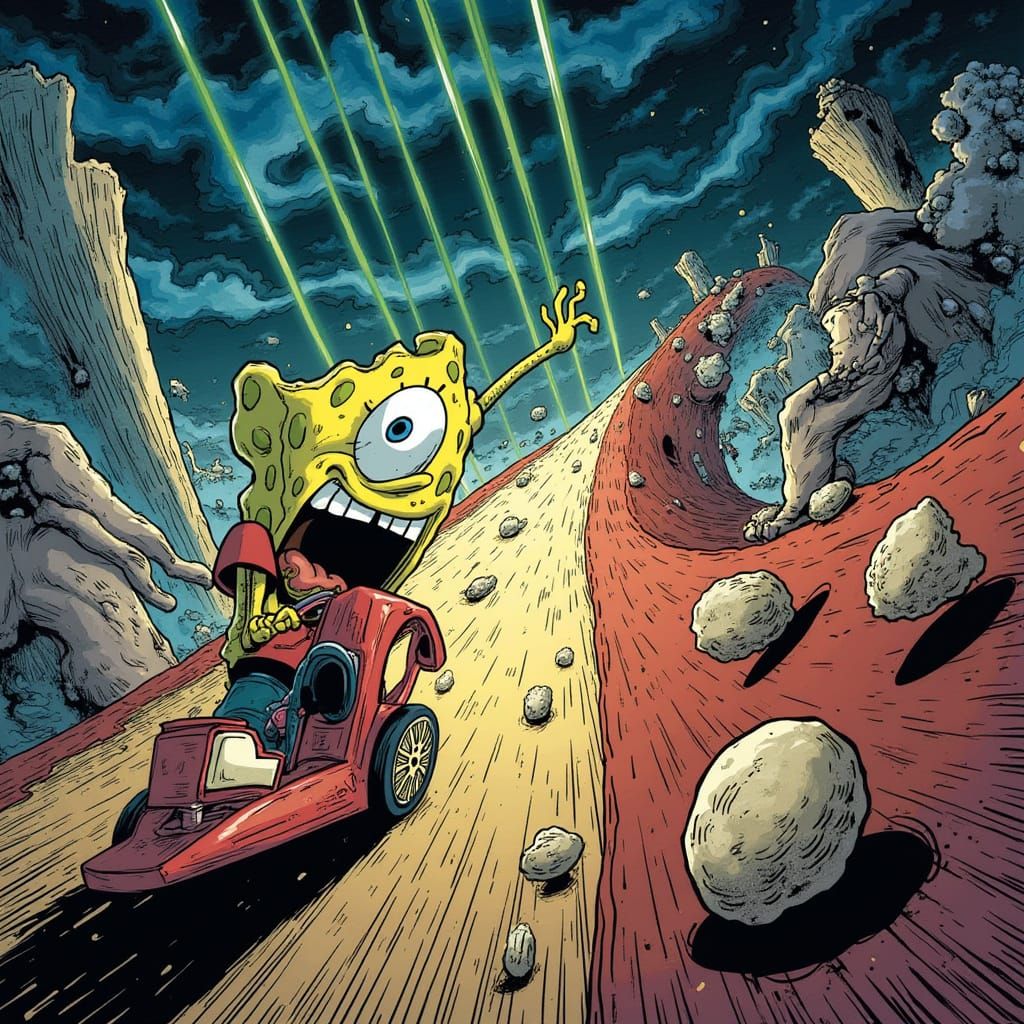 Spongebob Rides Razor Scooter Down Neon Laser Hill