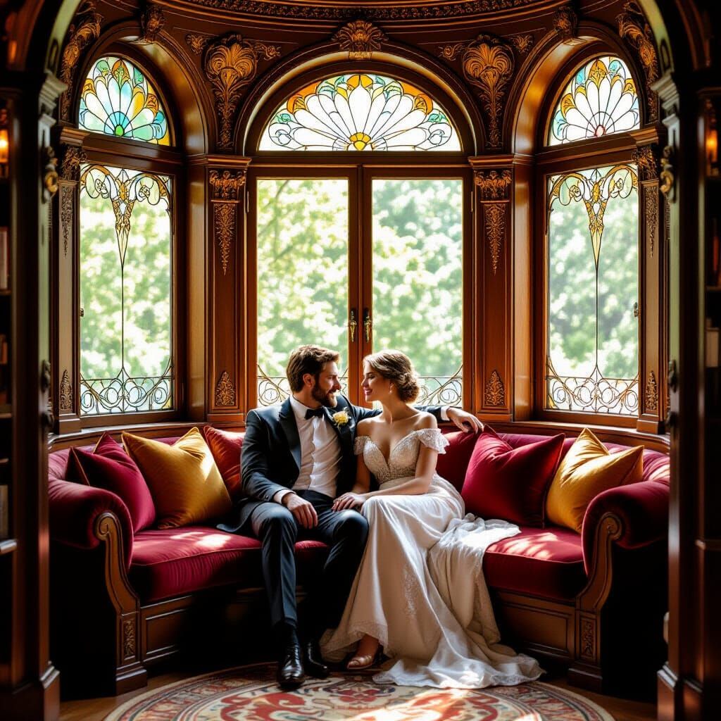 Elegant Couple in Art Nouveau Reading Nook