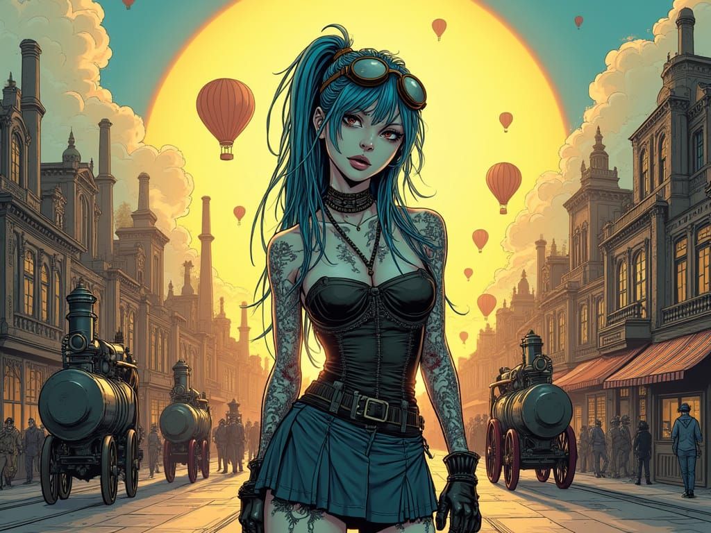 Steampunk Woman in Comic Style with Busy Street Background