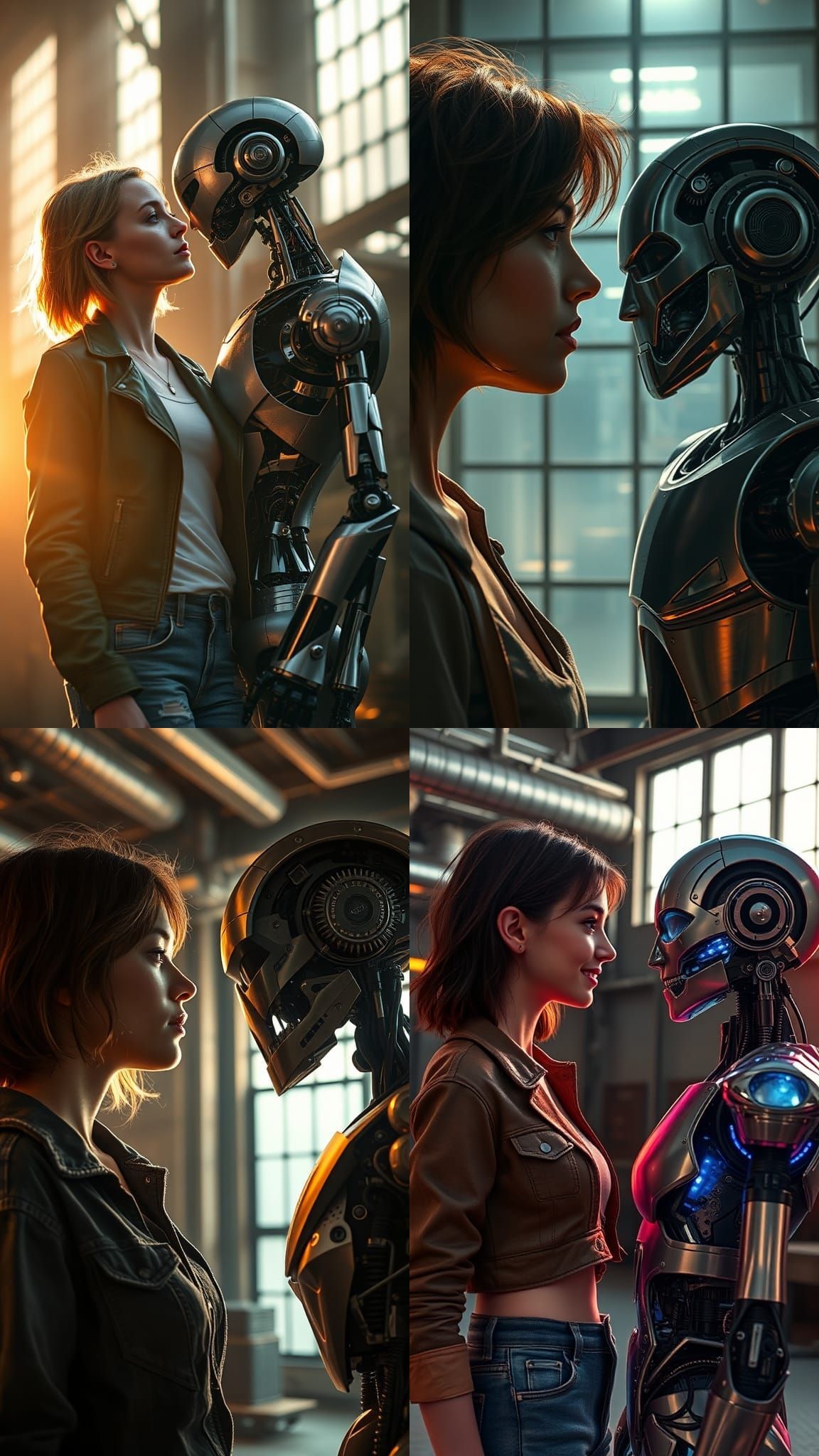 Intimate Encounter: Woman and Robot in Cyberpunk Setting