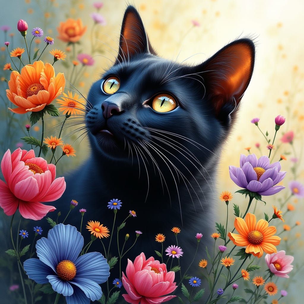 Vibrant Klimt-Inspired Feline Garden Scene