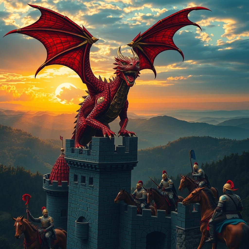 Majestic Red Dragon in Golden Sunset Fantasy Landscape Mosai...