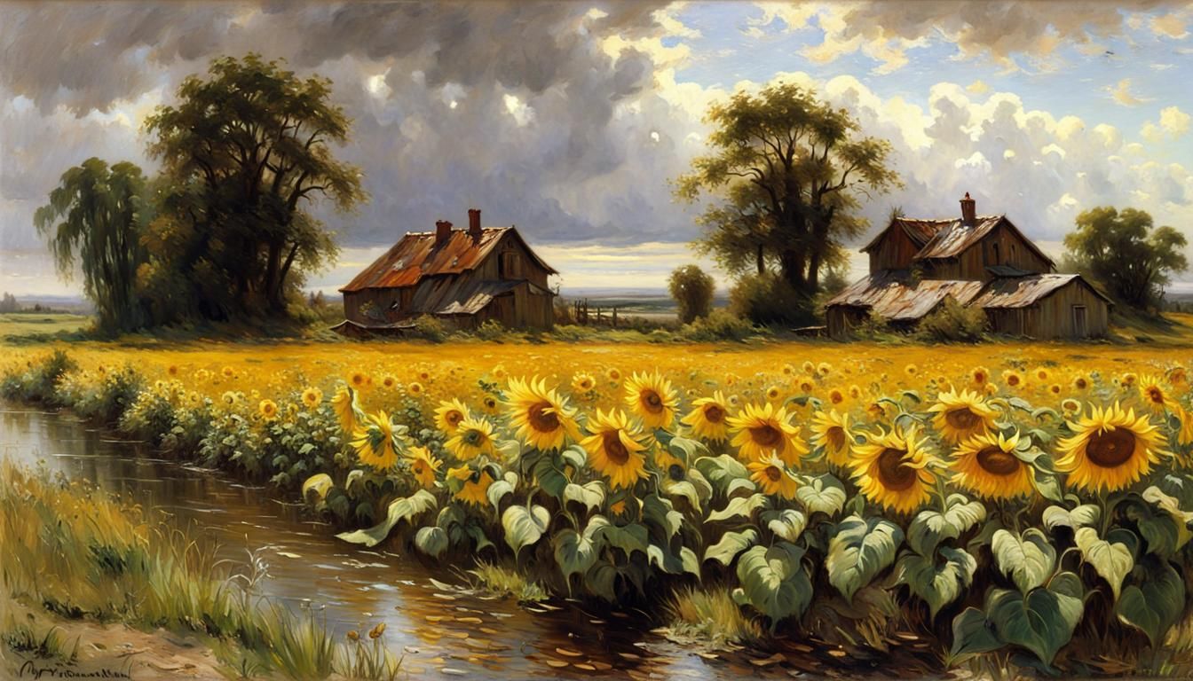 Sunflowers After a Storm: Impressionist Landscape