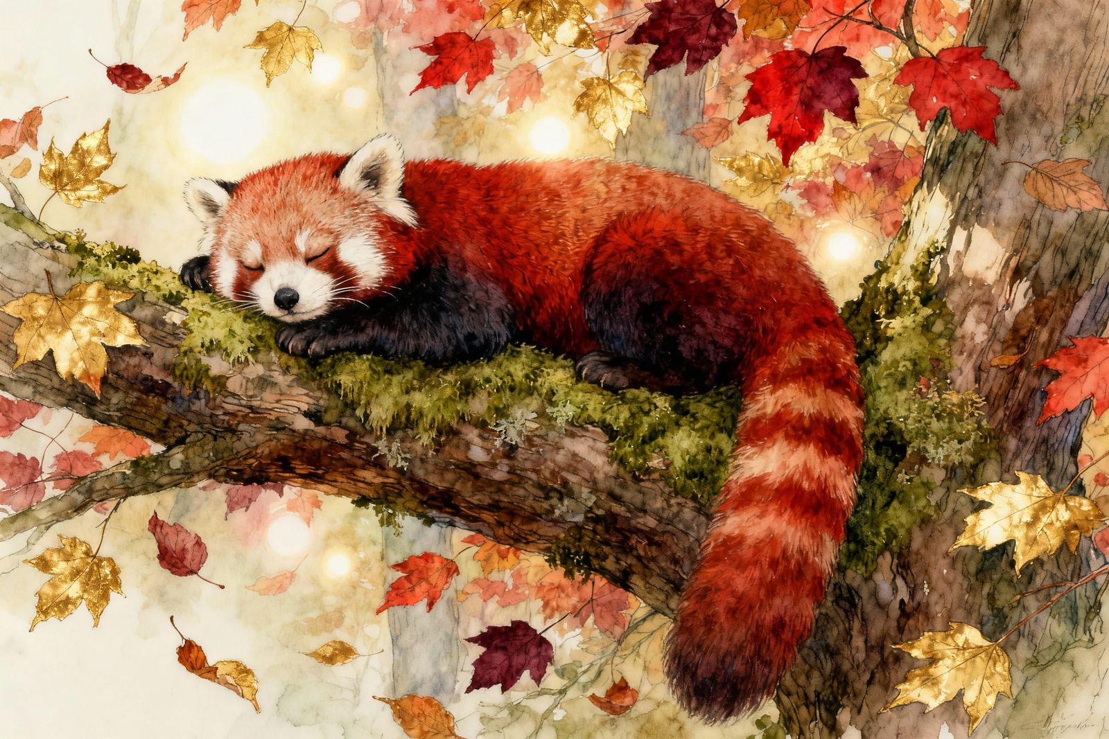 Red Panda Resting on Mossy Branch with Autumn Leaves