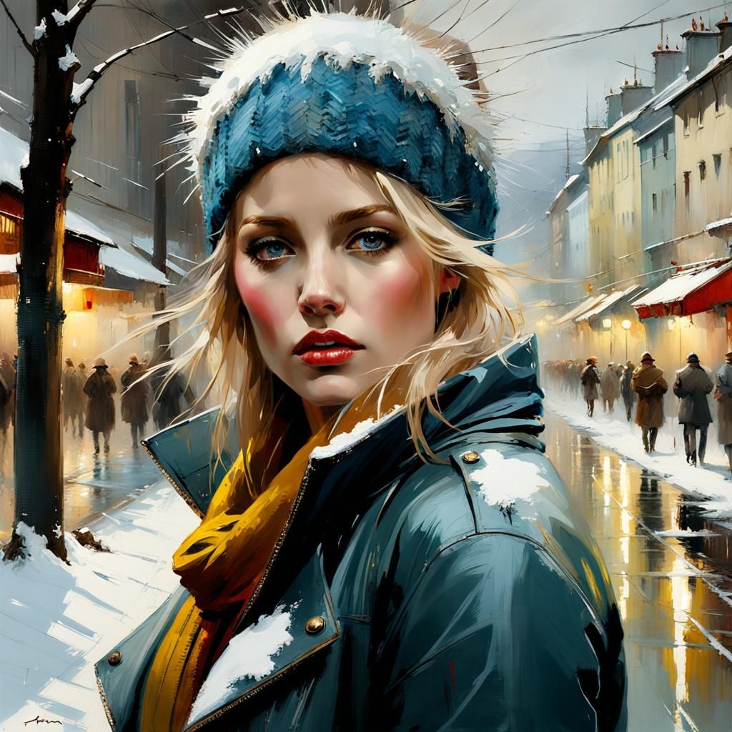 Emotional Winter Portrait of Woman in Oil