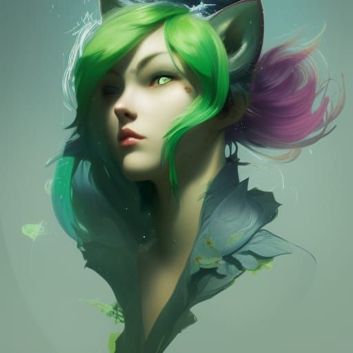 Hyperdetailed Cat with Green Hair, Digital Art