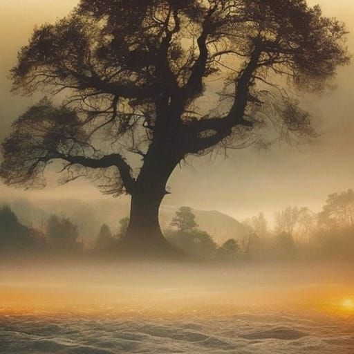 Misty Mountain Landscape with Wild Horses