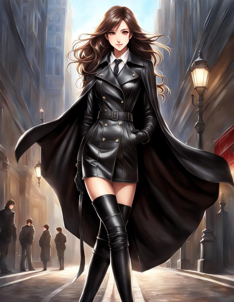Young Woman in Black Leather, Anime Art Style