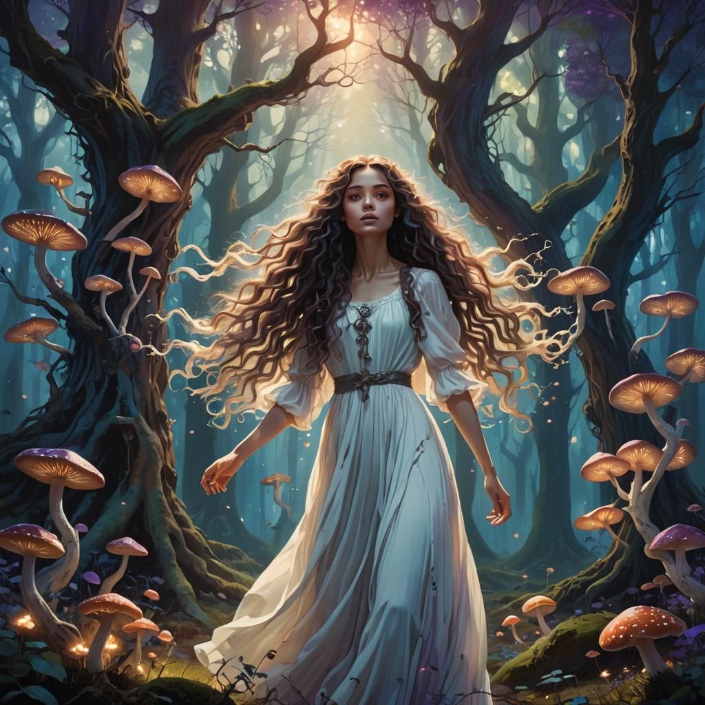 Mystical Forest Woman in Fantasy Illustration Style