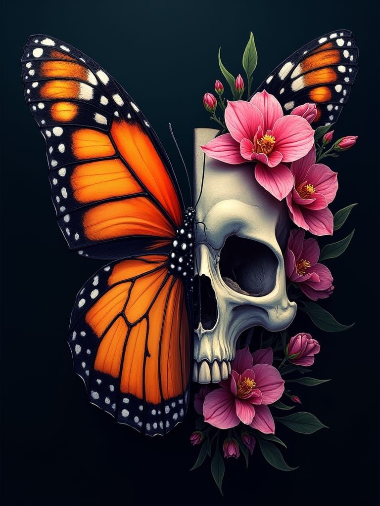 Monarch Butterfly with Floral Skull Wing