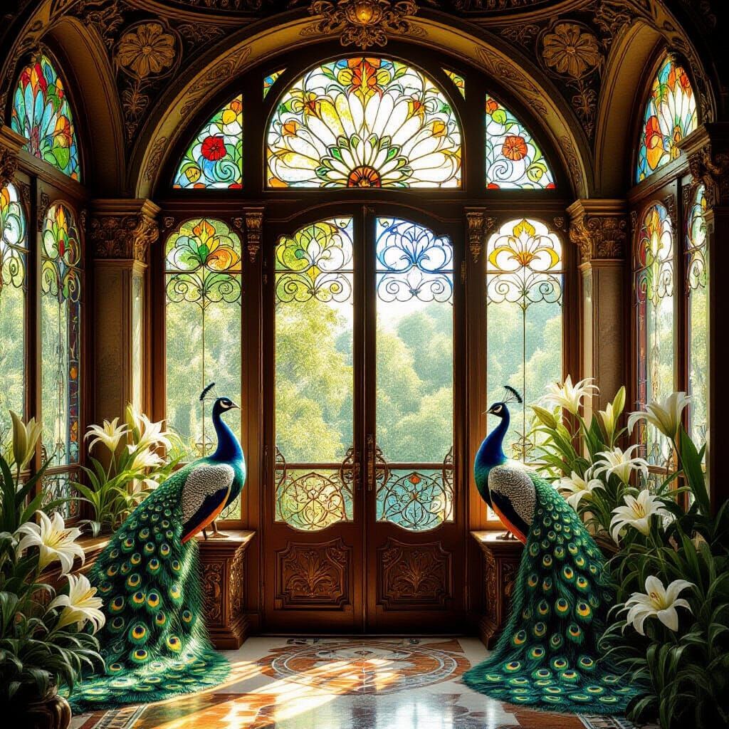 Art Nouveau City With Stained Glass and Peacocks
