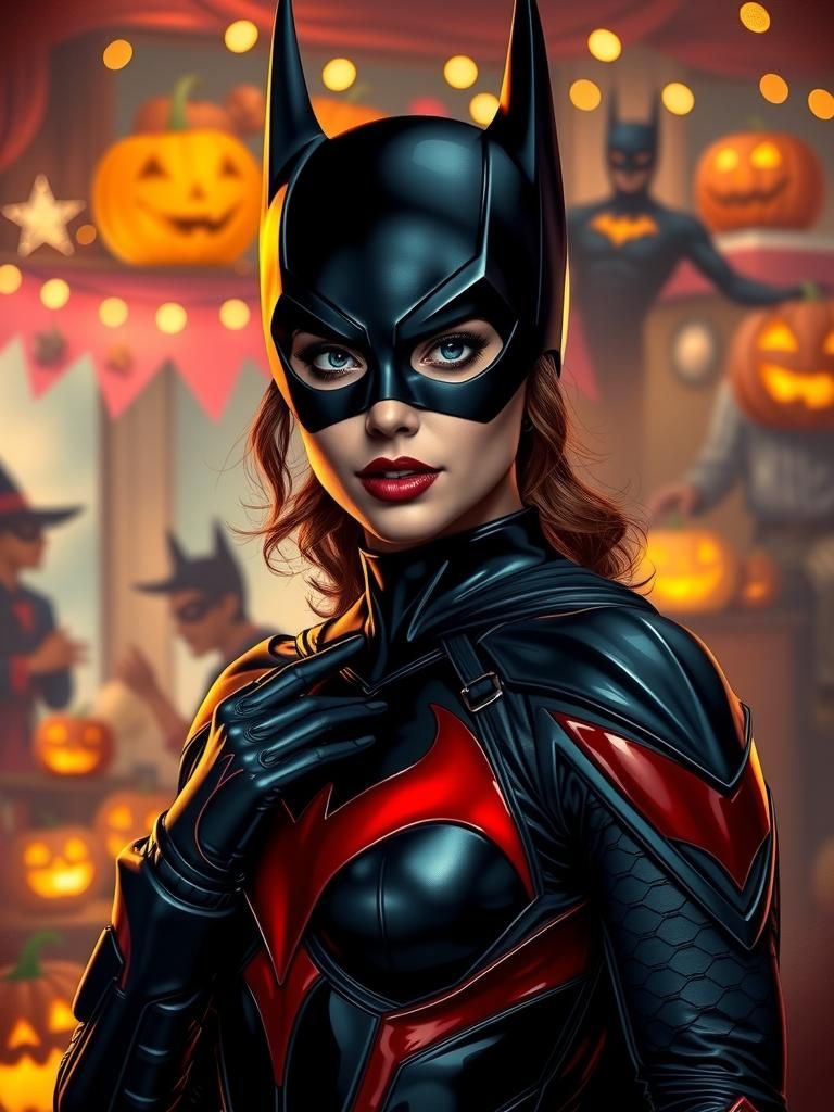 Batwoman at Halloween Party in Comic Book Style