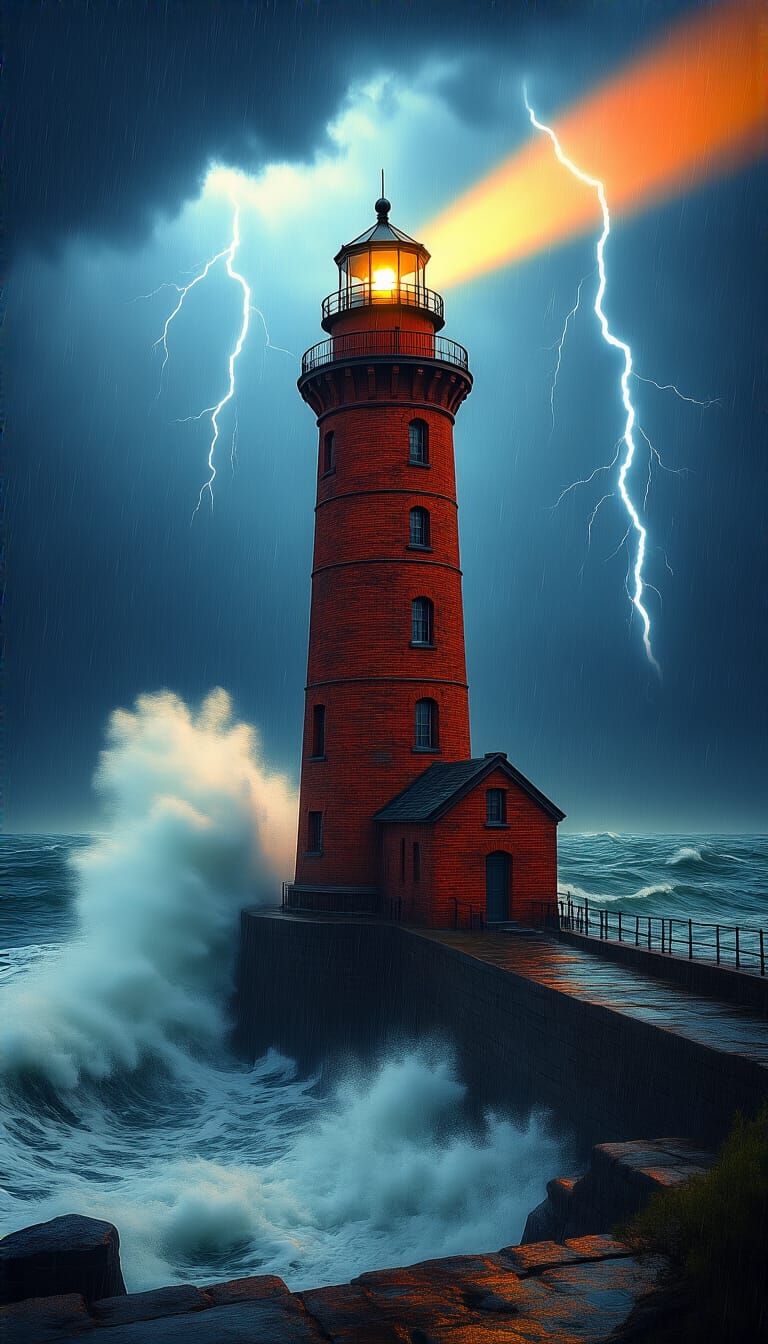 Hyperrealistic Lighthouse Overlooking Stormy Ocean Harbor