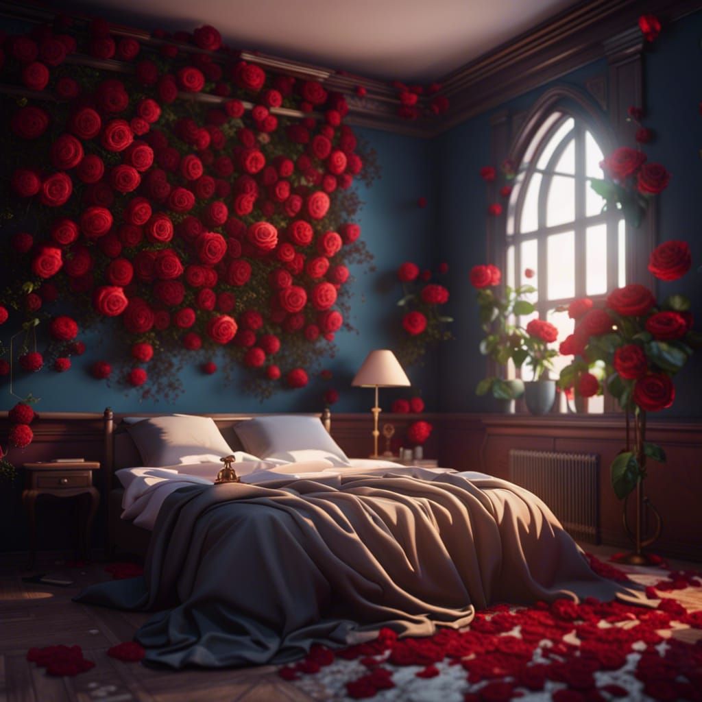 Bright Bedroom with Roses in Detailed Digital Painting
