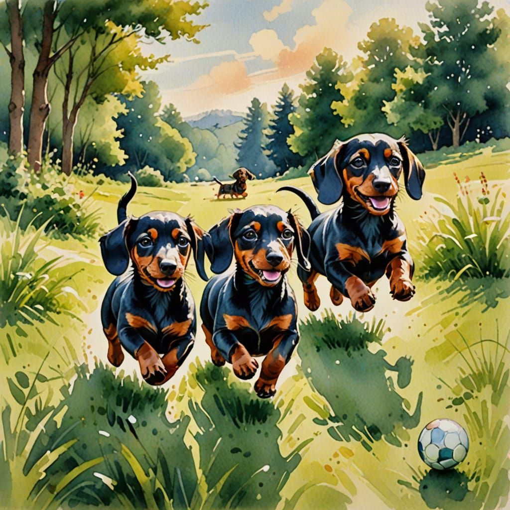 Dachshund Puppies Play: Whimsical Watercolor Illustration