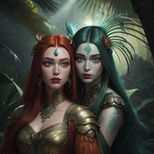 Ornate Fantasy Portrait with Peacock Feather Accents