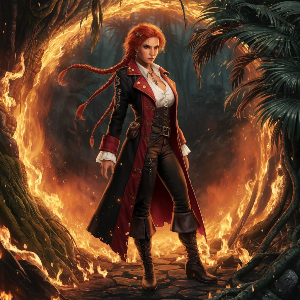 Fiery Pirate Girl Amidst Swirling Flames