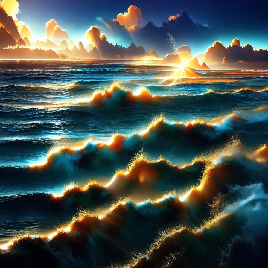 Photorealistic Seascape with Enormous Waves and Sunlight