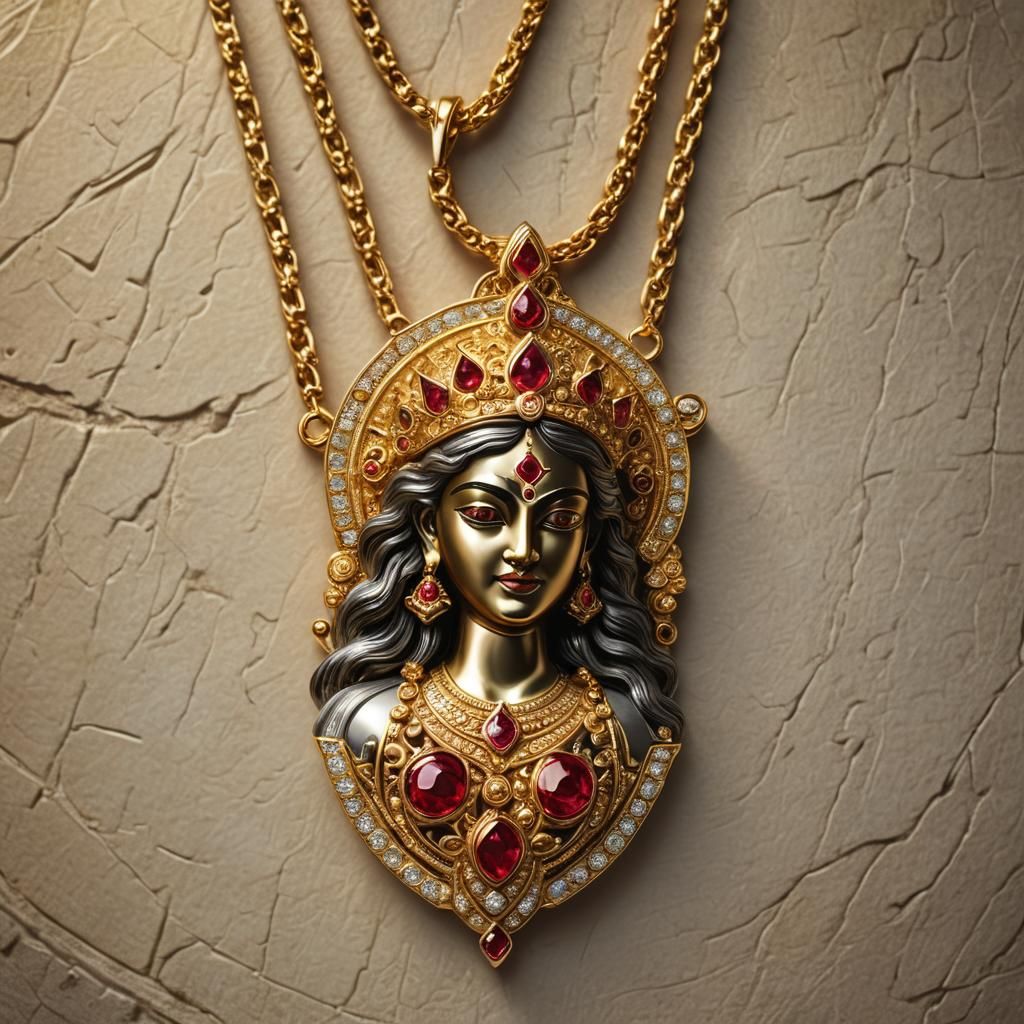 Regal Durga Diamond and Ruby Pendant Necklace