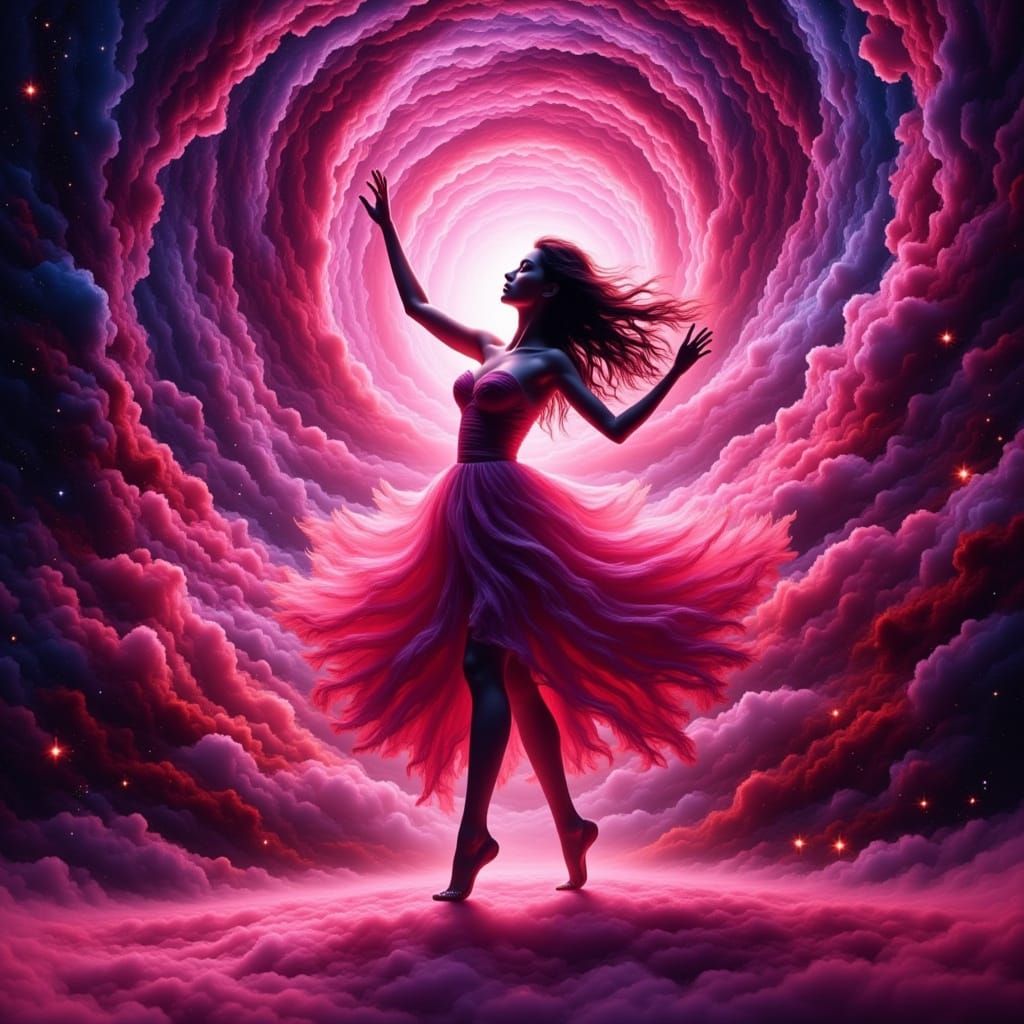 Woman Dancing Through Cosmos in Hot Pink and Burgundy