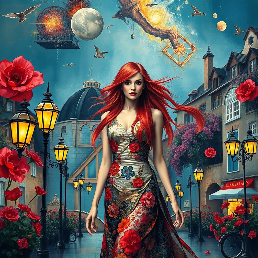 Crimson Haired Woman in Impossible Architecture Dress on Mon...