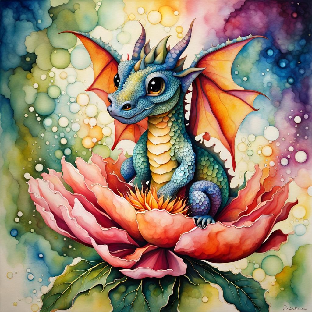 Dragon on Flower in Hard-Edged Alcohol Ink Style