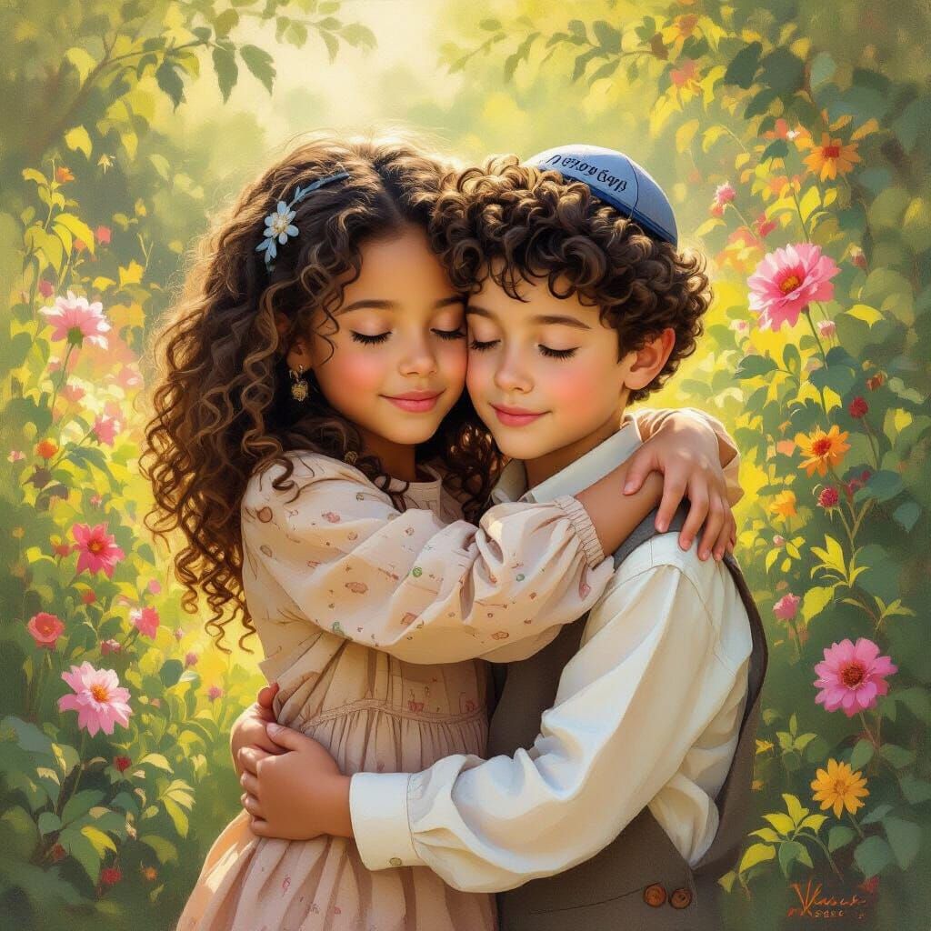 Tender Sibling Embrace in Golden Hour Garden