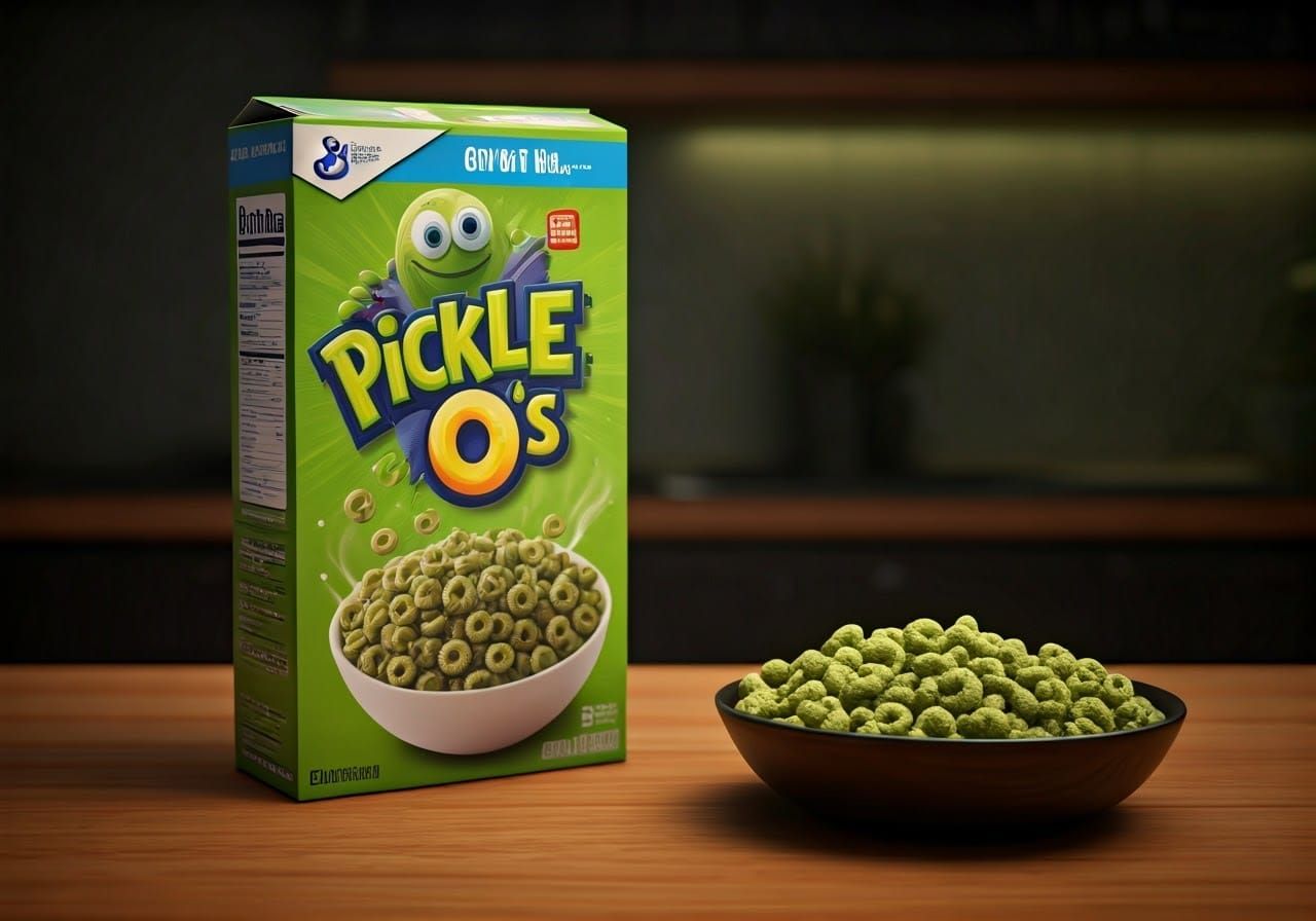 Pickle-Os Cereal Box on Kitchen Table, Photorealistic Render