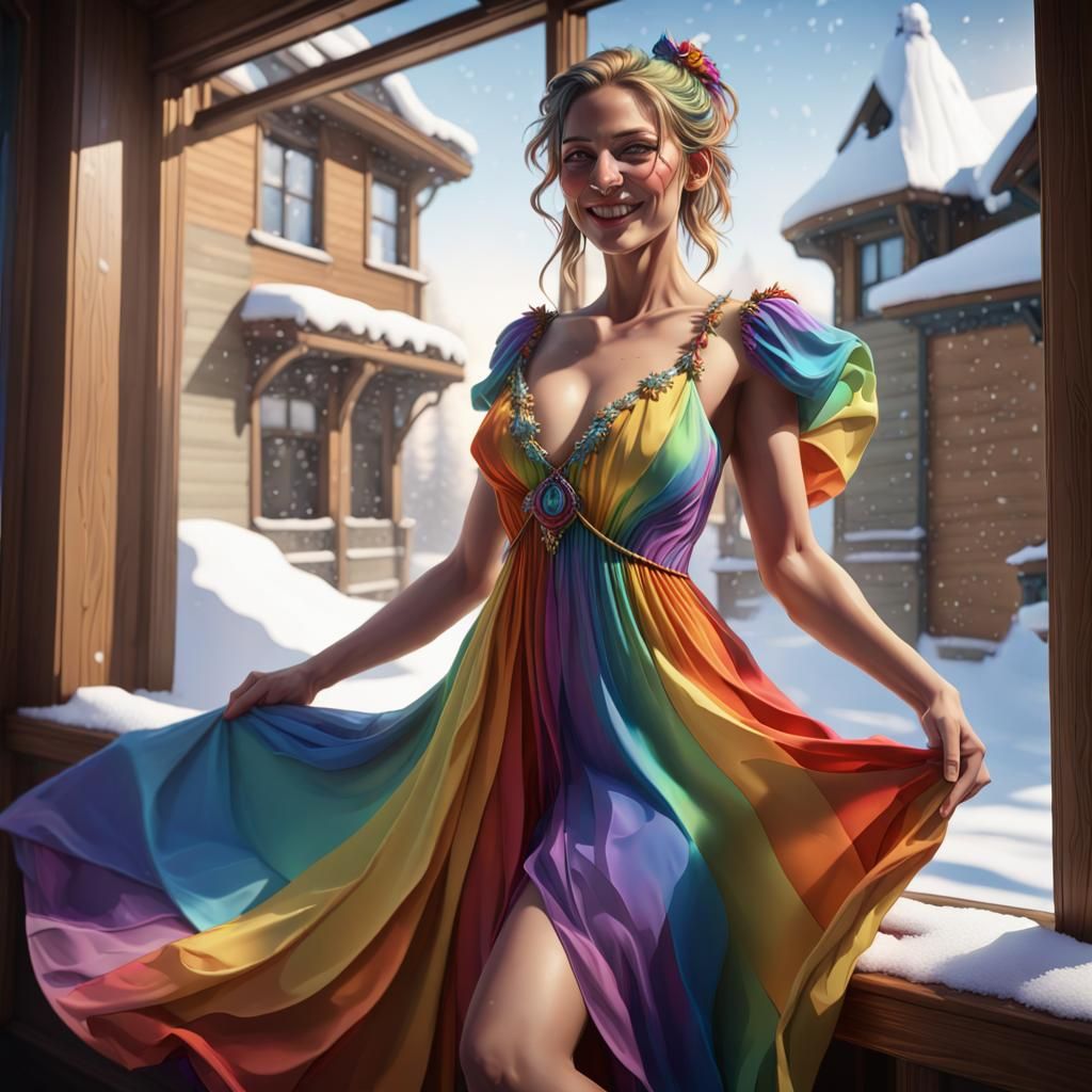 Woman in Rainbow Dress by Snowy Window