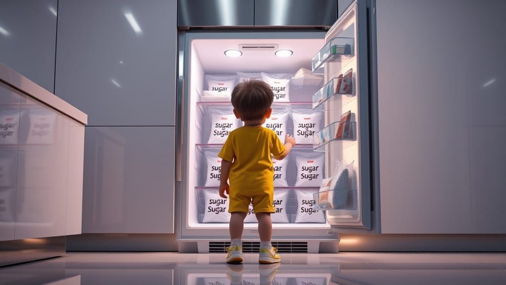 Kid Finds Only Sugar in Refrigerator, 3D Game Art