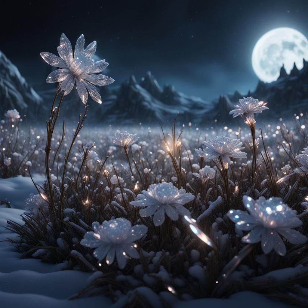 Moonlit Crystal Flowers in Detailed Matte Painting