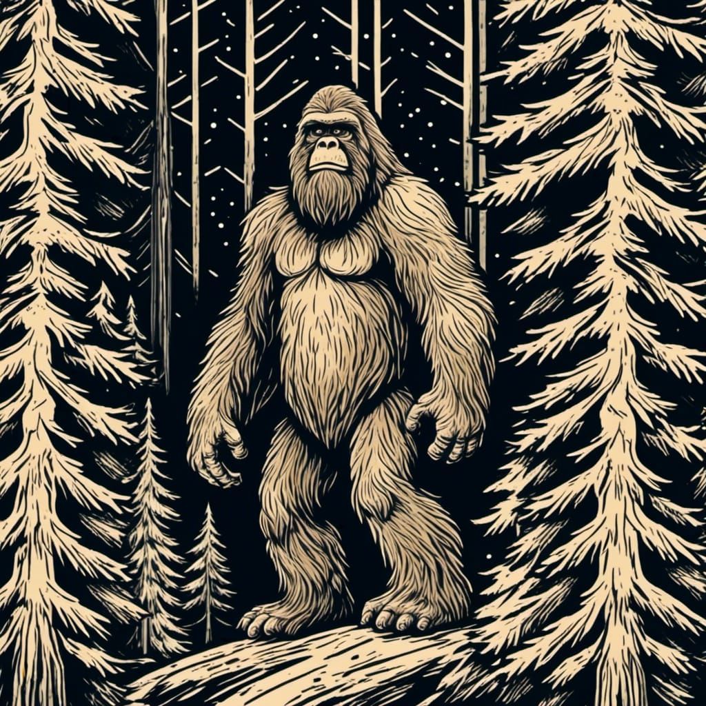 Sasquatch by Pine Tree in Screen Print Style
