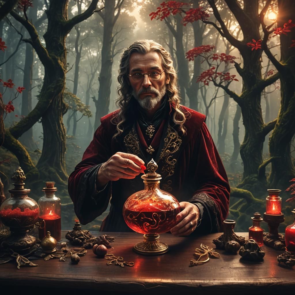 Apothecary Holding Glowing Blood Red Potion