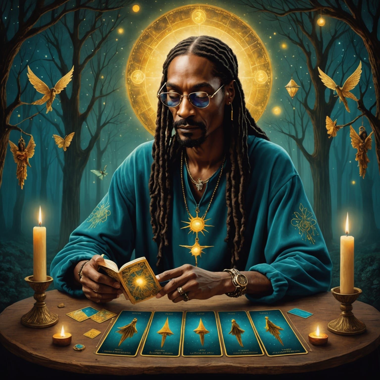 Surreal Portrait of Snoop Dogg Reading Tarot Cards