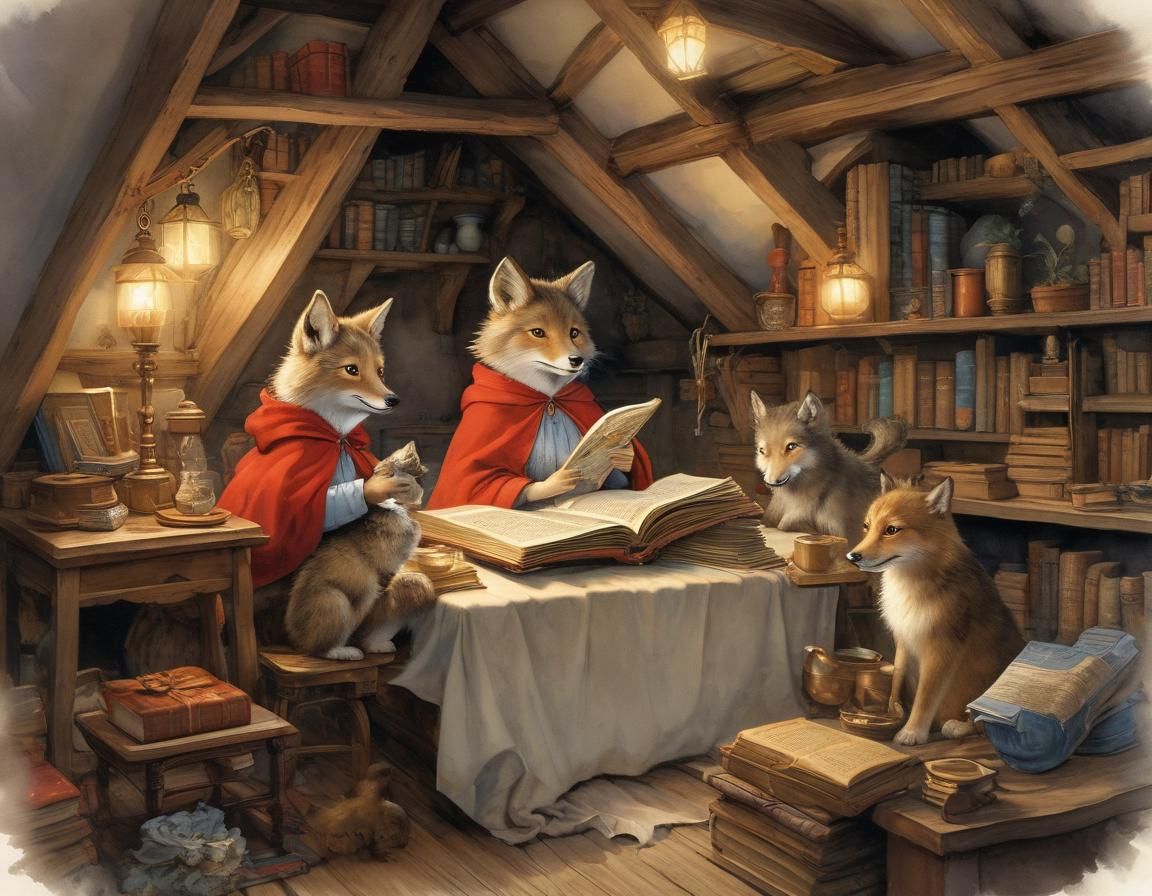 Whimsical Storybook Scene with Grandmother and Wolf Cubs